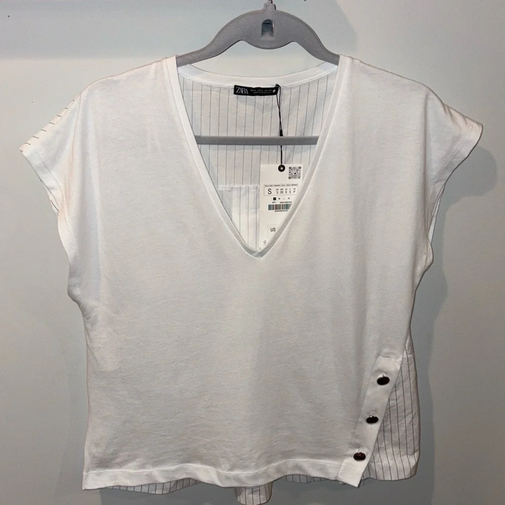 Zara NEW Cotton Poplin Stripe Side Button Vneck Tee Size Small Black/White - Picture 6 of 12
